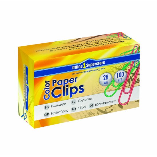 Office 1 Superstore Кламери, 28 mm, цветни, 100 броя Office 1 Superstore Кламери, 28 mm, цветни, 100 броя